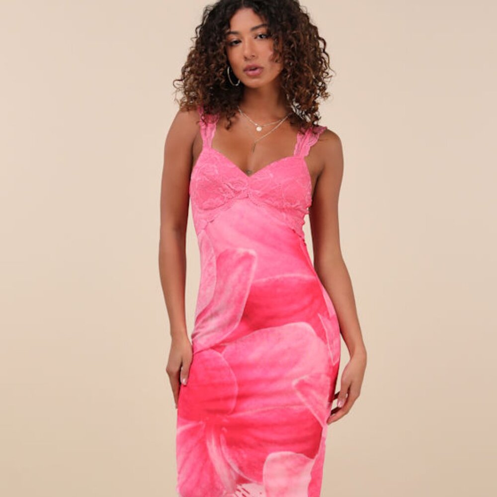 Lulus Flirty Whimsy Hot Pink Floral Mesh Midi Dress - Size M